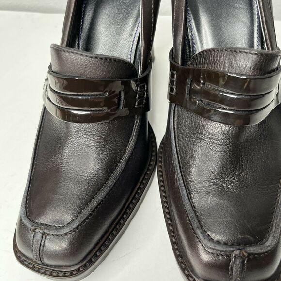 NavyBoot Dark Brown Italian Leather Chunky Heel Loafer Pumps size 37 (6.5) - Picture 3 of 8